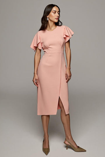 Sheath Orange Flutter Sleeve Midi Work Dress